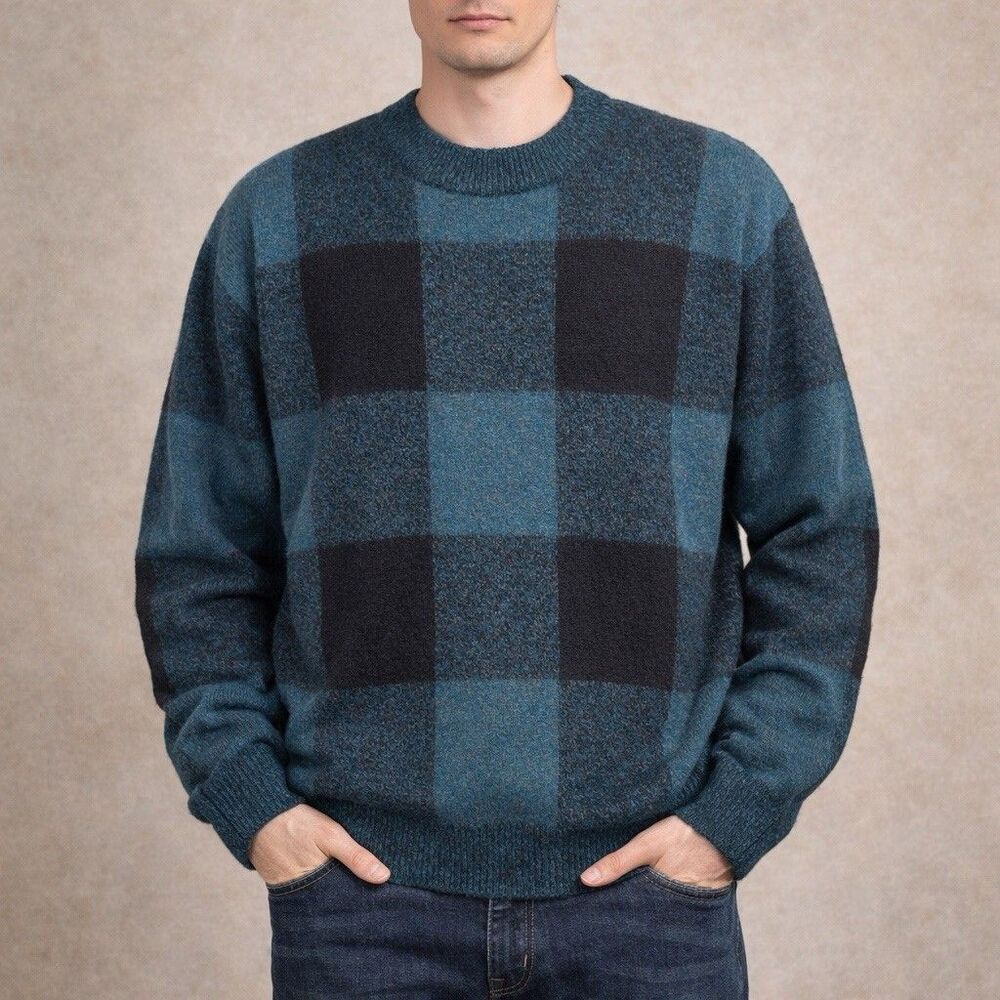Scottish Lambswool Plaid Sweater Men Medium Luxury Wool Check Neck Preppy